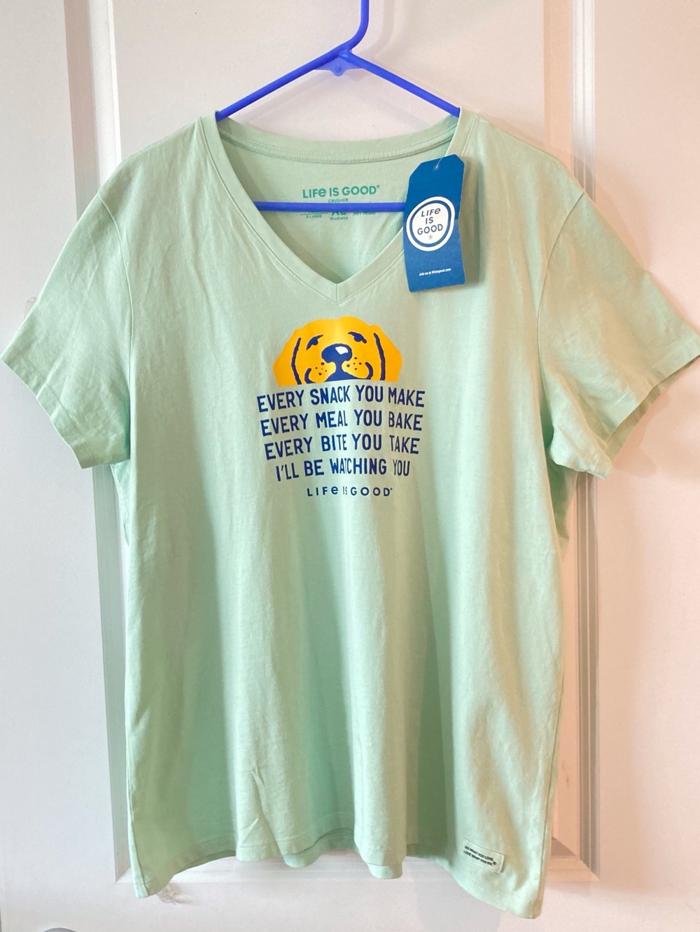 Life Is Good Mint Green V-Neck Tee with Yellow Dog Print NWT - Picture 2 of 12
